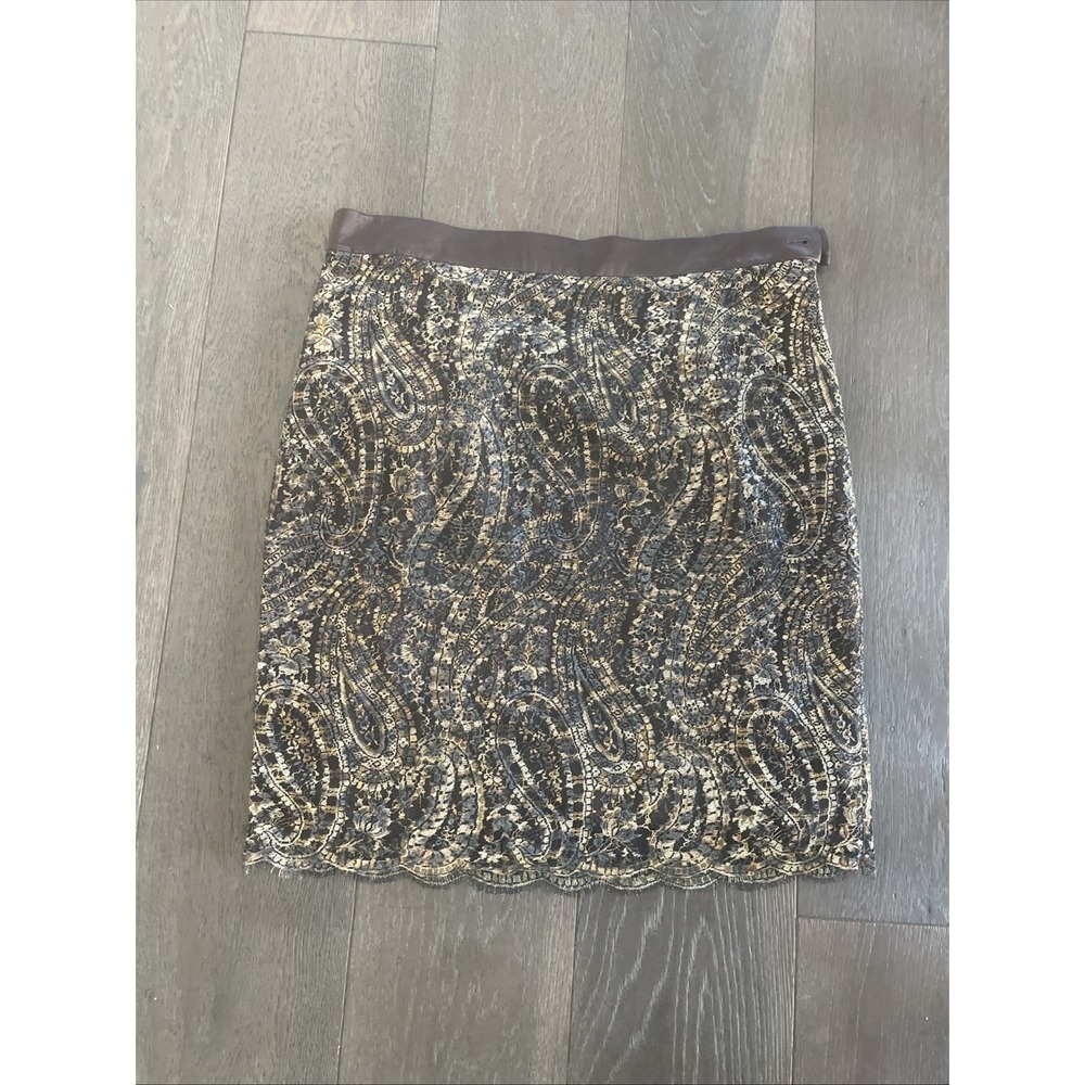 Escada Margaretha Ley Brown Gold Paisley Silk Lace Skirt Vintage German Size 40